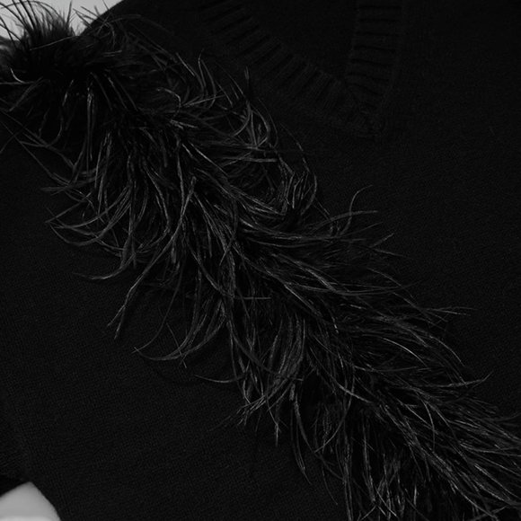 CHICJOC Women cashmere and wool V-neck sweater with handmade ostrich feather - Picture 9 of 15